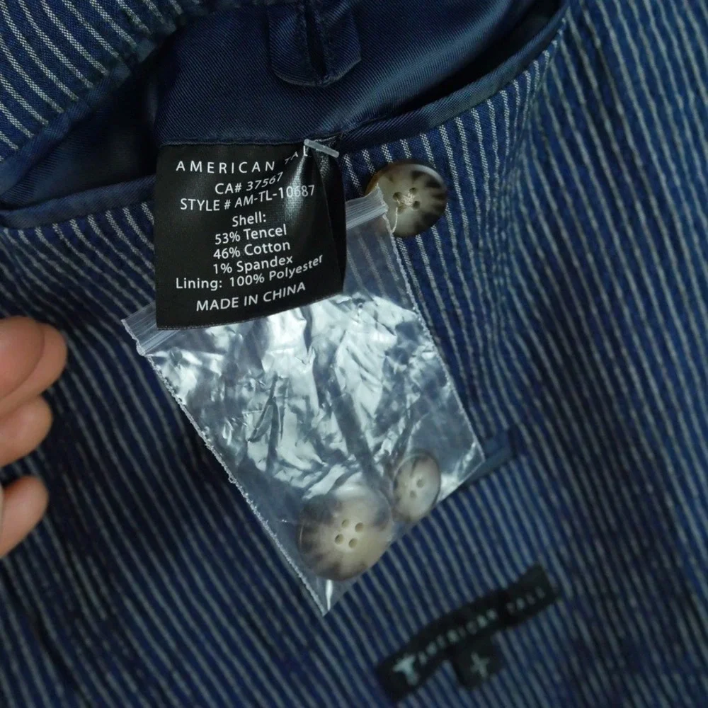 American Tall Mens Blue Pinstripe Unstructured Seersucker Blazer Jacket Large LT